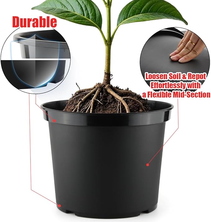 5 Gallon Nursery Pots 10-Pack, 12 Inch Plastic Planter with Drainage Holes – Round, Sturdy, Deep Design for Indoor/Outdoor Plants