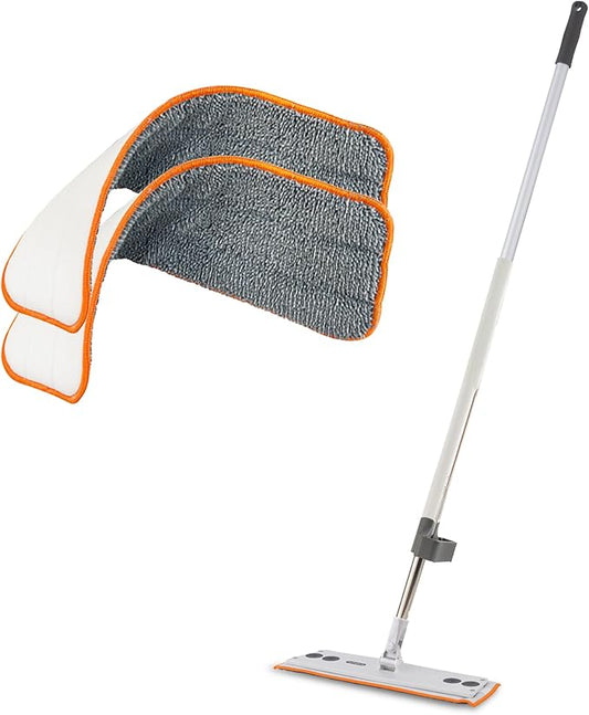Superio Self-Wringing Microfiber Cleaning Mop with Hands-Free Wringing Blade and 2-Pack Reusable & Washable 8" x 4.5" Microfiber Mopping Pad for Home, Kitchen, Bathroom, Streak-Free Cleaning