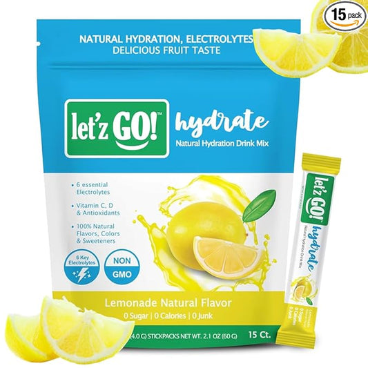 Let'z Go! Hydrate- Natural Hydration + Electrolyte Drink Mix- Hydration + Electrolytes + Antioxidant Powder Packets, Natural Flavors, Vitamins C + D | No Sugar | No Calories | (15 Count) Lemonade