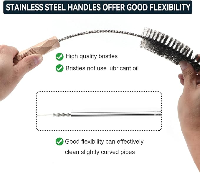 4pcs Household Pipe Cleaning Brush Set with Stainless Steel Bristles, 17 in Extra Long Stainless Steel Handle, Kitchen Scrub Cleaning Brushes, Lab Brushes for Auto Parts, Machinery, Water Pumps, Etc.
