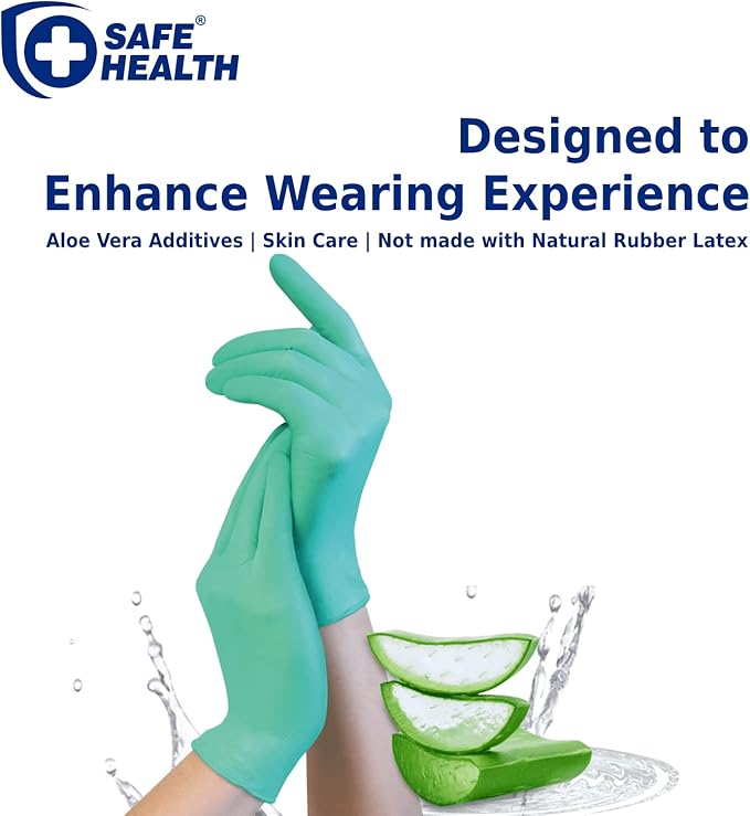 Safe Health Aloegenii HD Green Vinyl Disposable Gloves, Aloe Vera Coated, 5.5 mil, Box of 100, Small, Latex Free, Powder Free, Cleaning, Food Service, Office, Janitorial