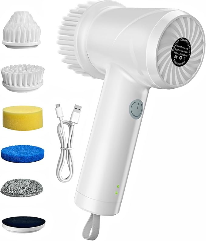 Electric Spin Scrubber - Cordless IPX7 Waterproof Shower Scrubber with 2 Speed Settings and 6 Replaceable Heads，Electric Cleaning Brush for Bathroom，Kitchen and Windows