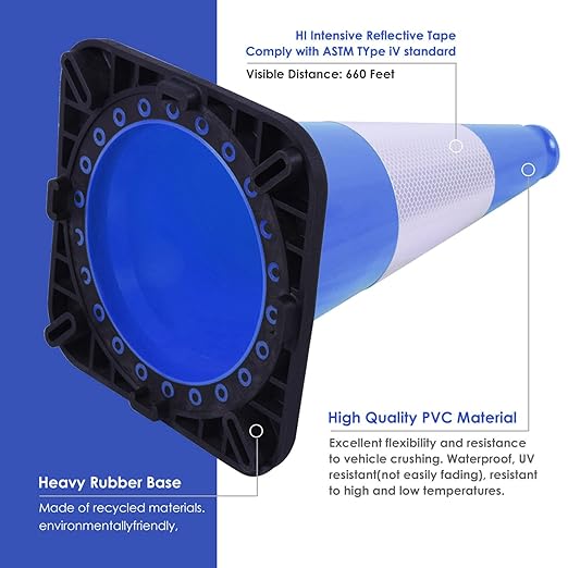 Fluorescent Orange/Green PVC Traffic Cones, Heavy Black Base Parking Lot Cone Structurally Stable Weatherproof Road Construction Safety Cones (8, Blue, 18" Medium)