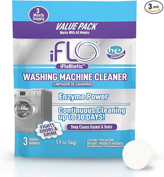 iFLO Washing Machine Cleaner Tablets – Powerful Washer Machine Cleaning and Deodorizer Tablets for Front Load, Top Load, and High-Efficiency Washer Cleaner, 3 Pack