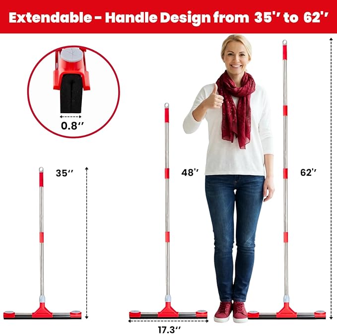 Heavy Duty Floor Squeegee for Concrete Floor – 17.3” EVA Foam Blade with Cloth Clip Design, 62” Extendable Handle, Multi-Surface Floor Squeegee Broom for Windows, Bathroom, Garage, Tile, Patio &Shower