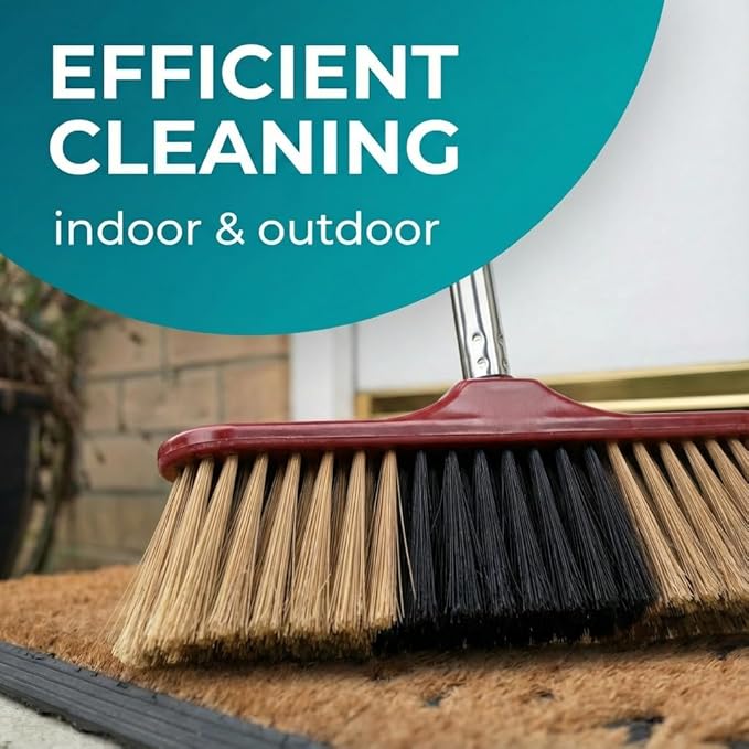HELOMOR Indoor Push Broom with Dustpan Combo Set, Long Handle Floor Sweeping Broom for Kitchen, Garage, Office, Bathroom, Wood & Parquet Floors (2 Pack)