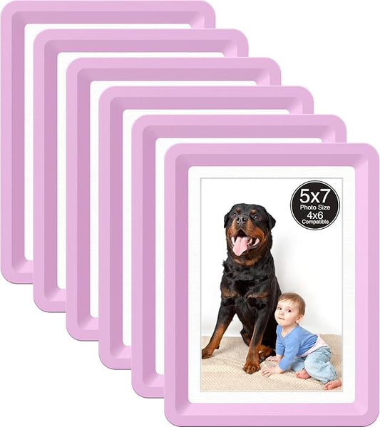 6-Pack 5x7 Picture Frame or 4x6 with Mat – Shatterproof Plastic Picture Frames for Family, Nursery & Playroom, Wall & Tabletop Frame for Home or Office, Safe Lightweight Design, Dreamy Pink