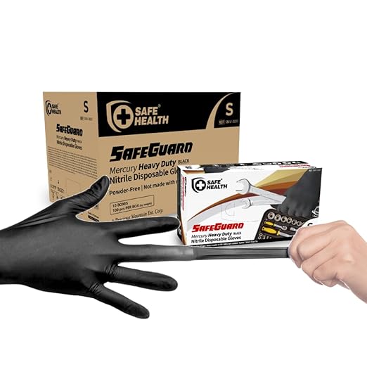 Safe Health HD Industrial Nitrile Black Disposable Gloves, Heavy Duty, 5 Mil, Case of 1000, Small, Latex Free, Powder Free, Oil Grease Resistant, Automotive, Mechanic, Maintenance