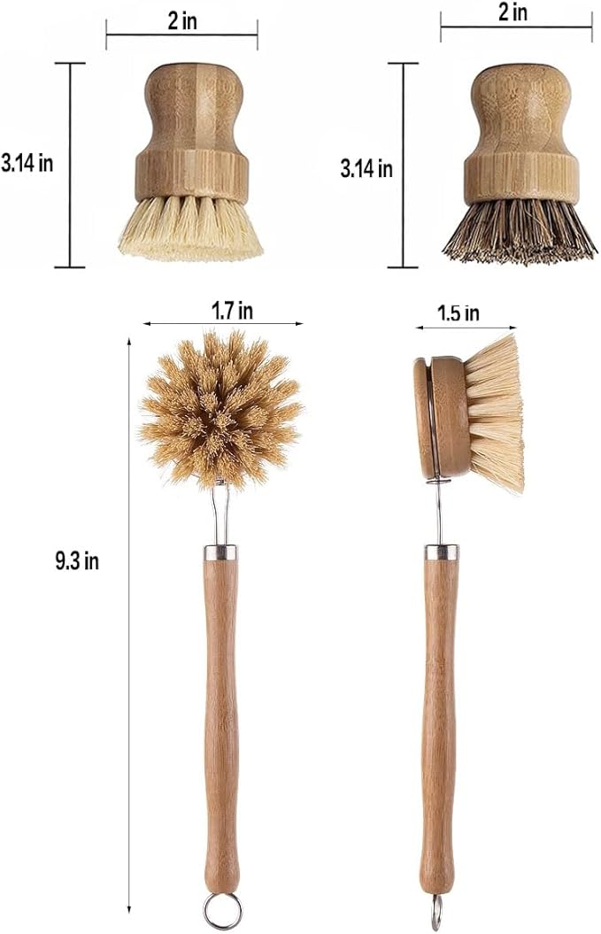 Wooden Dish Brush Set Clean Pots Bamboo Dish Brush - 1 Long Handle Dish Brush and 2 Palm Scrubbing Brush Scrub Brush for Pots, Pans & Dishes,Plastic Free Washing Up, Zero Waste Cleaning (3 Pack)