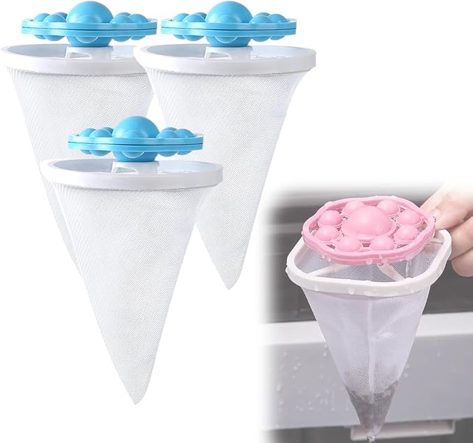 3PCS Floating Hair Filtering Mesh Removal, Reusable Lint Catcher for Washing Machine Wool Device, Pet Hair Remover Hair Filter Cleaning Mesh Bag (Blue)