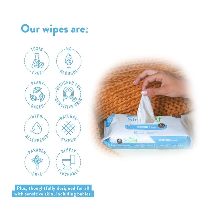 Simpleaf Flushable Wet Wipes Unscented | Plastic Free, Paraben & Alcohol Free | Hypoallergenic & Safe for Sensitive Skin | Soothing Aloe Formula | Adult Toilet Wipes (3 x 50 Counts Pack) 150 Counts