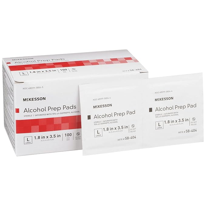 McKesson Alcohol Prep Pads [Pack of 100] 70% Isopropyl, Individually Wrapped Wipes, Sterile, Medical-Grade, First Aid, Large