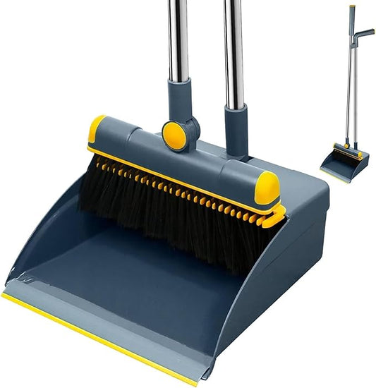 Broom and Dustpan Set 50" Long Handle Foldable Stand Up Broom and Dustpan with Comb Teeth for Indoor & Outdoor Sweeping Home Dog Cat Pets (Blue)