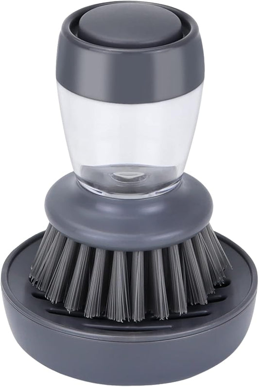 Dish Brush with Soap Dispenser, Kitchen Scrub Brush for Dishes Pots Pans Sink Cleaning, Dish Scrubber with Holder Set (Grey Handle & Nylon Bristles)