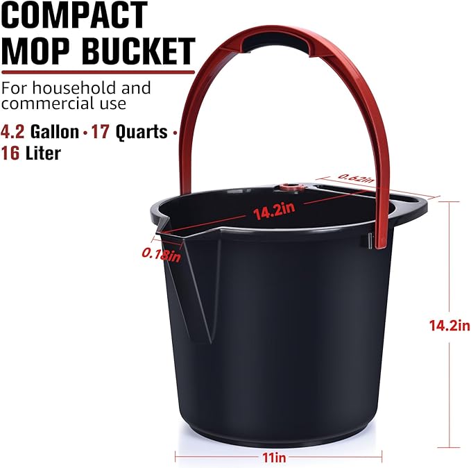 Matthew Cleaning 4.2 Gallon Mop Bucket, Heavy Duty Plastic Cleaning Bucket with Built-in Pour Spout, Mop Holder and Comfort Grip Handle, House and Commercial Cleaning Supplies, 2 Pack Black
