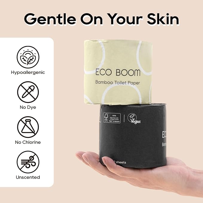 ECO BOOM Toilet Paper 100% Bamboo 3-fly, Plastic-Free & Tree-Free, strong, FSC Certified, Unscented, 9 Rolls, 360 Sheets | PFAS Free, BPA Free & Septic Safe