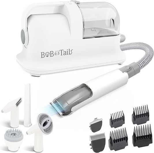 Bobotails Pet Grooming Vacuum Kit, 1.5L Dust Cup Dog Grooming Vacuum 8 in 1, Dog deshedding Brush with Clipper Low Noise Mess-Free for Shedding Pet Hair, Home Cleaning (White)