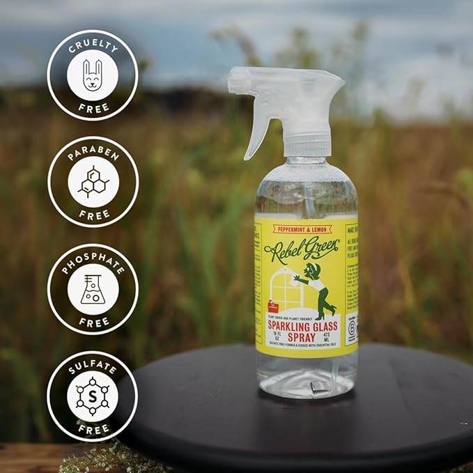 Rebel Green Sparkling Glass Spray - Streak-Free Natural Glass Cleaner for Windows, Mirrors, and Surfaces - Peppermint & Lemon Scent - 16 oz - 2 Pack