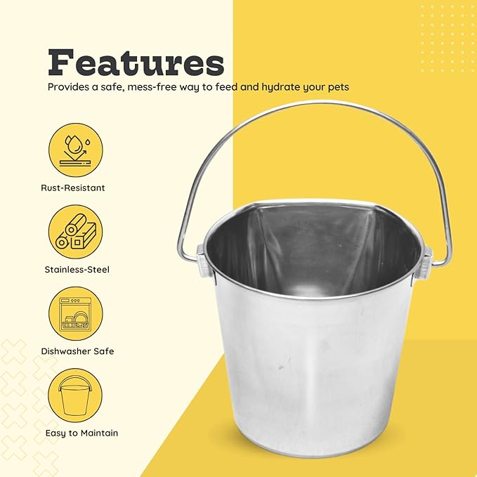 9 Quart Stainless Steel Flat Side Bucket | Durable Heavy Duty Food & Water Feeding Pails for Dog Goat Sheep horse | Fits kennels Cage Critter Crates Hanging Pet Pail | Multipurpose Bucket