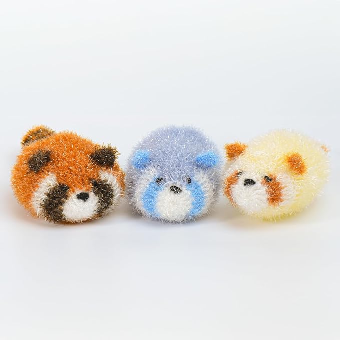 Kuwish Uijeongbu Raccoon Handmade Crocheted Non-Scratch Cute Scrubber 3pcs for Cleaning Dishes & pots All-Purpose Lovely Animal Perfect Replacement for Smelly Kitchen Sponge House Warming Favors Gift