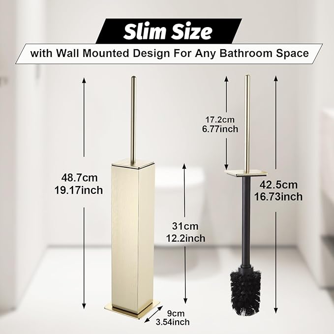BGL Toilet Brush with Holder Set Brushed Gold Aluminium Standing for Bathroom Toilet Bowl Cleaner Brush and Holder Set, Square Design