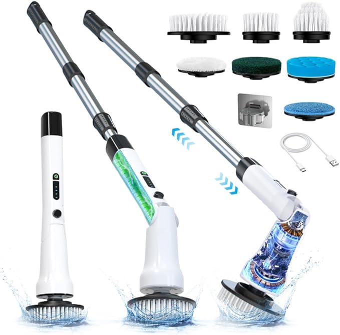 Electric Spin Scrubber, Hillyfe Power Shower Cleaning Brush with 7 Replaceable Brush Heads, IPX7 Waterproof, 2 Speeds (300/400 RPM) Electric Scrubber with Wall Mount Hook for Bathtub, Floor