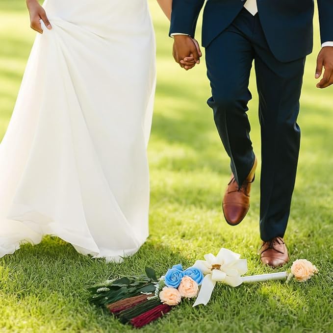 TTS For Home - Elegant Wedding Brooms Bride Bridegroom, Jumping The Broom for Wedding, Natural Whisk Broom with Ribbons, Artificial Pearl, Leaves,Roses for Decorative