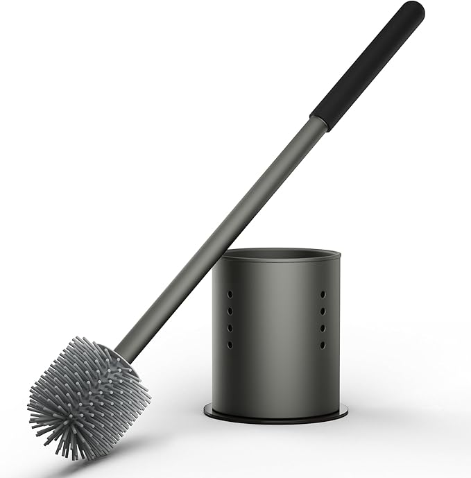 RV Toilet Brush and Holder Set- One-Piece Long Handle, Silicone Head, Magnetic Base- RV Bathroom Cleaning Kit, RV Essentials Accessories for Camper, Trailer, Motorhome