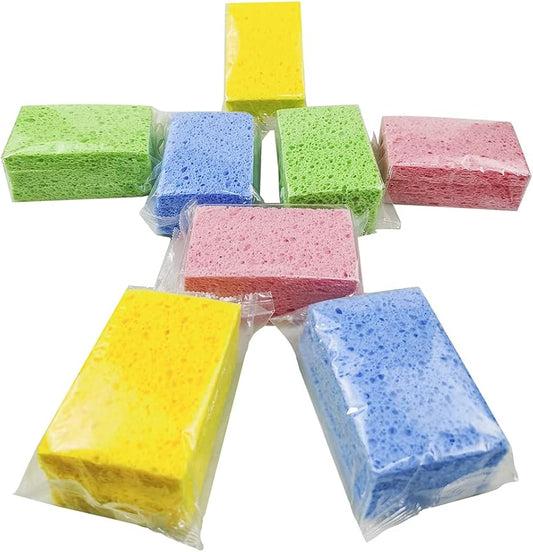 Cellulose Sponges Kitchen, for Washing Dishes, in Bulk, 24 Pack (3 Count x 8 Individually Wrapped + 2 Free Scouring Pads), 100% Natural Biodegradable