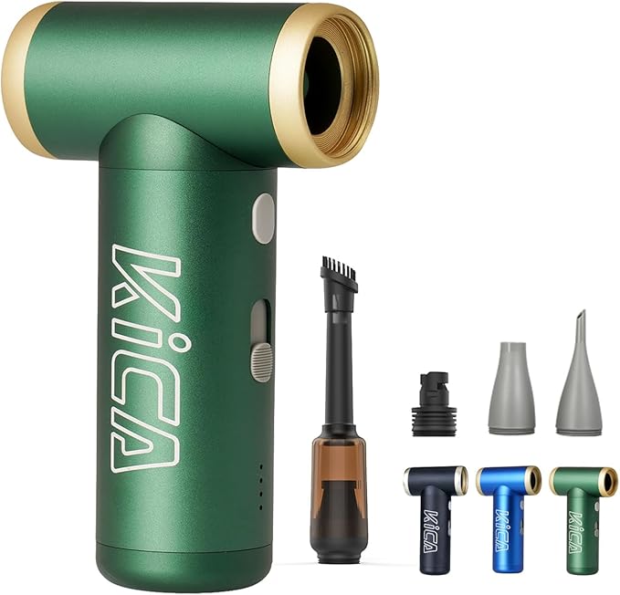KiCA JetFan 2S Combo Compressed AirCan Substitute,117000RPM Air Duster Electric Blower for ComputerKeyboard Cleaning,Hair Drying,Camping,Outdoors,Car,Barbershop,Handmade,Rechargable,Metal Body,Green