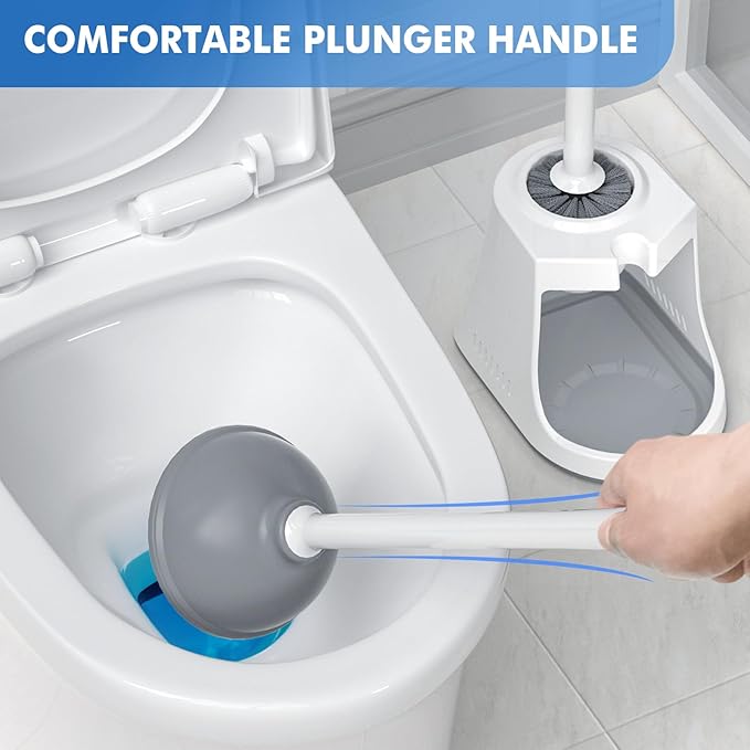 Toilet Plunger and Brush, Bowl Brush and Heavy Duty Toilet Plunger Set with Ventilated Holder, 2-in-1 Toilet Brush and Plunger Combo for Bathroom Cleaning (2, White)