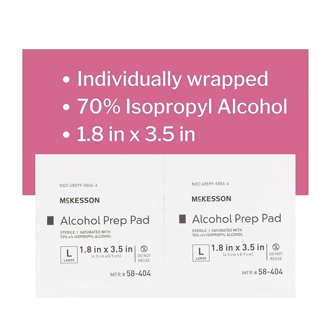 McKesson Alcohol Prep Pads [Pack of 1000] 70% Isopropyl, Individually Wrapped Wipes, Sterile, Medical-Grade, First Aid, Large, 100 Count, 10 Boxes