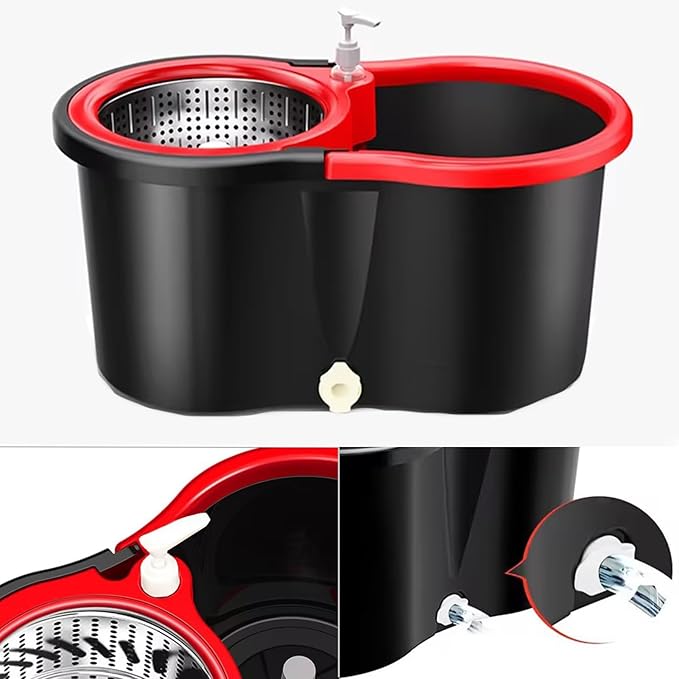 Spin Mop and Bucket with Wringer Set, 360°Rotating Head Mop Bucket System, 3 Microfiber Mop Heads for Living Room, Bedroom, Kitchen, Office (Black & Red)