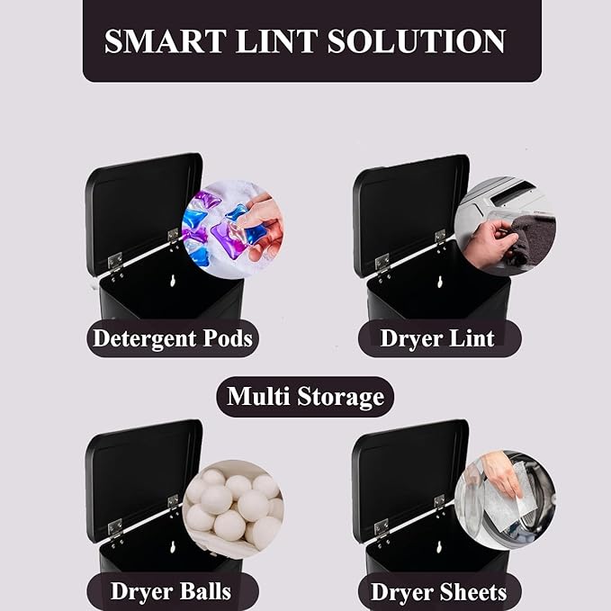 Magnetic Lint Bin with Lint Brush, two white hooks, one black back hook & all accessories for Laundry Room decor, Wall-Mounted Lint Bin with Lid, Black Powder Coated, Space-Saving Trash Can (Black)