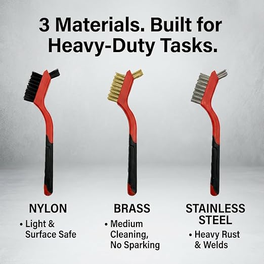 Wire Brush Set 9 Pack – 3 Brass, 3 Stainless Steel, 3 Nylon Detail Brushes for Rust Removal, Metal Cleaning, BBQ Grill, Auto Parts, Household Deep Cleaning – Wire Brushes for Multi-Purpose Use