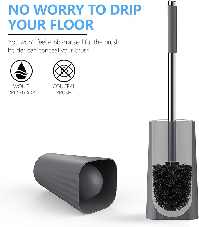 SetSail Toilet Brush, Compact Size Toilet Bowl Brush and Holder Toilet Brushes for Bathroom with Stainless Steel Handle Toilet Cleaner Brush with Durable Scrubbing Bristles, 2 Packs-Gery