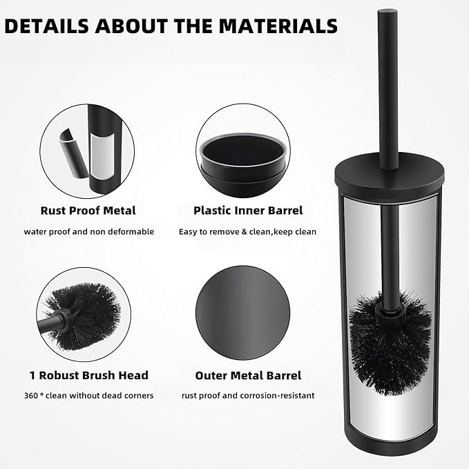 Wall Mounted Brush,Round Toilet Brush with Metal Handle Holder,304 Stainless Steel Toilet Bowl Brush and Holder Set for Toilet and Bathroom Cleaning (Matt Black) ﻿