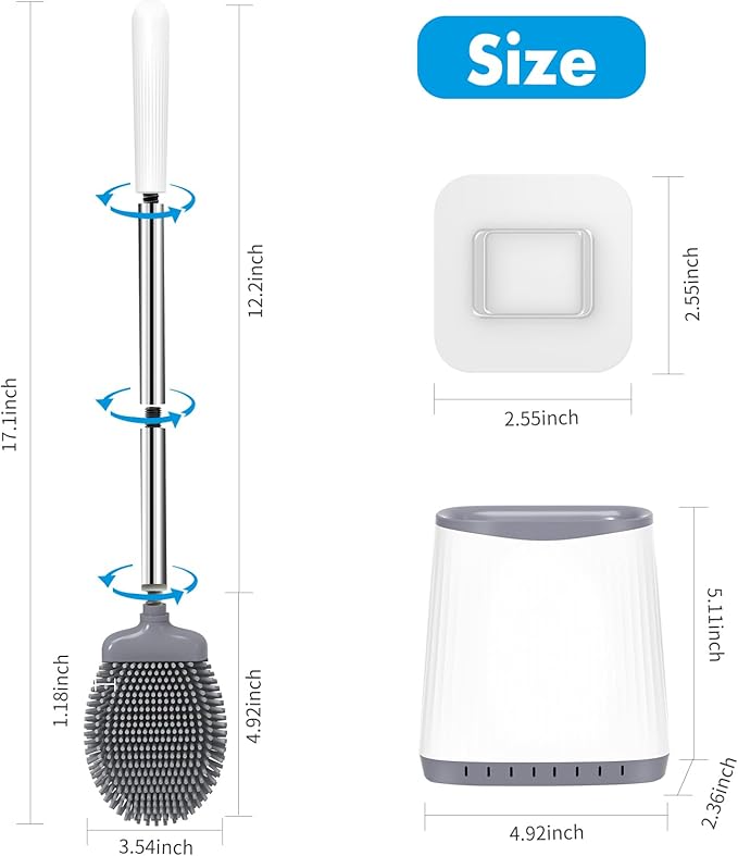 Toilet Brush, Silicone Toilet Brush and Holder Set, Flexible Toilet Bowl Brush Head with Ventilated Holder, Wall Mounted Compact Toilet Scrubber Set for Bathroom Cleaning (1, White)