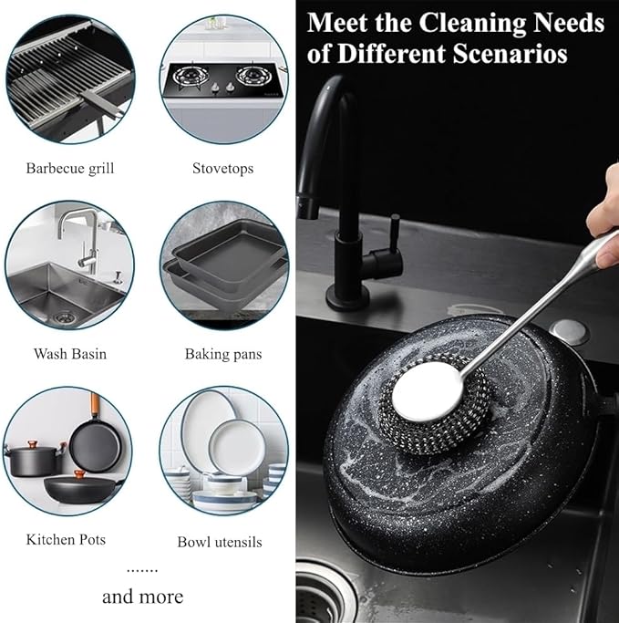6Pcs Steel Wool Scrubber with Long Handle - Stainless Steel Scrub Brush Set for Scouring Stubborn Messes from Cast Iron, Pots, Pans, Grill, Sink (1 Scrubber + 4 Pads + 1 Screwdriver)