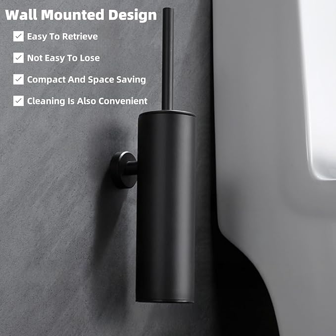 Wall Mounted Brush,Round Toilet Brush with Metal Handle Holder,304 Stainless Steel Toilet Bowl Brush and Holder Set for Toilet and Bathroom Cleaning (Matt Black) ﻿