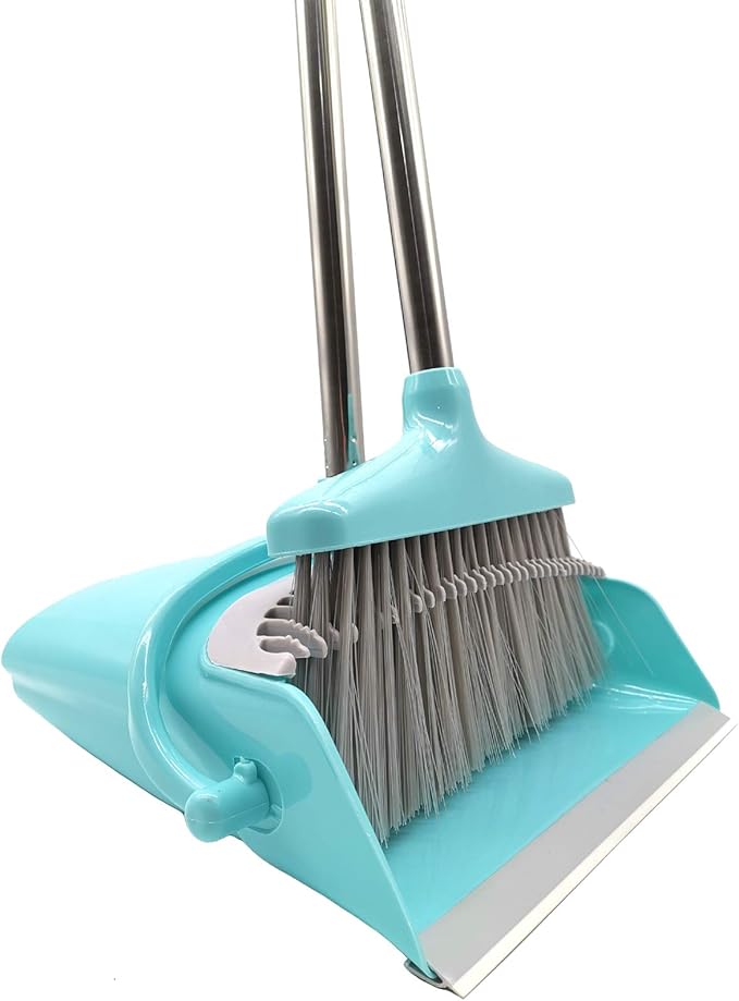 Xifando Extendable Long Handle Broom and Dustpan Set, Stainless Lightweight Upright Standing Broom and Dustpan Combo for Kitchen Lobby Office Living Room Household Indoor or Outside (Light Blue)
