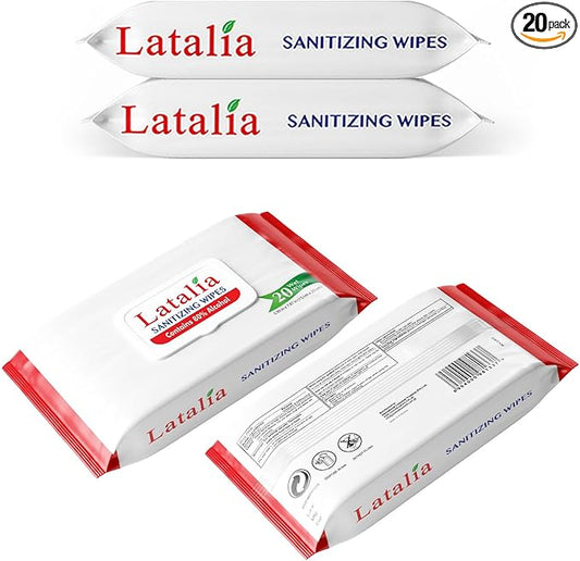 Latalia Hand Wipes Pack of 2| 80% Alcohol Hand Sanitizer Wipes for Hands & Face Moisturizing, Gentle, Convenient and Fragrance Free (20 Counts)