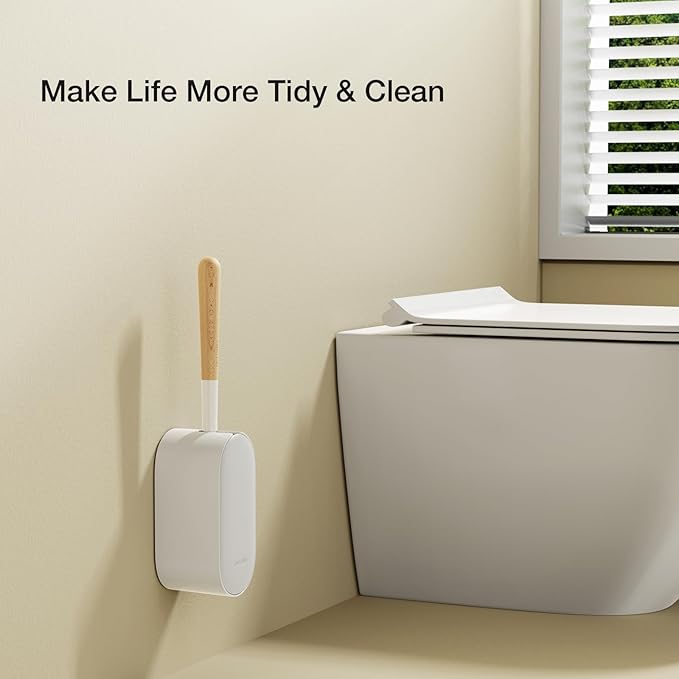 Toilet Brush and Holder, Diveotree Wooden Toilet Bowl Brush for Dead Corner Cleaning Wall Mounted Toilet Cleaner Brush for Bathroom Decor, Toilet Scrubber Brush for RV Bathroom (Round)