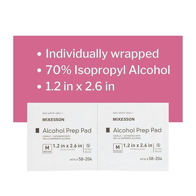McKesson Alcohol Prep Pads [Pack of 200] 70% Isopropyl, Individually Wrapped Wipes, Sterile, Medical-Grade, First Aid, Medium