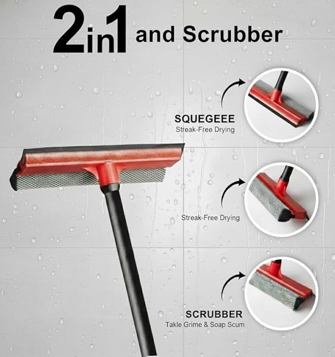 ZOLKER 2Pcs Window Squeegee with Long Handle, 2-in-1 Window Cleaner Tool, Glass Door Cleaner, Multi-Use Car Windshield Cleaning Cleaning for Indoor Outdoor Car Window High Glass Shower Gas Station