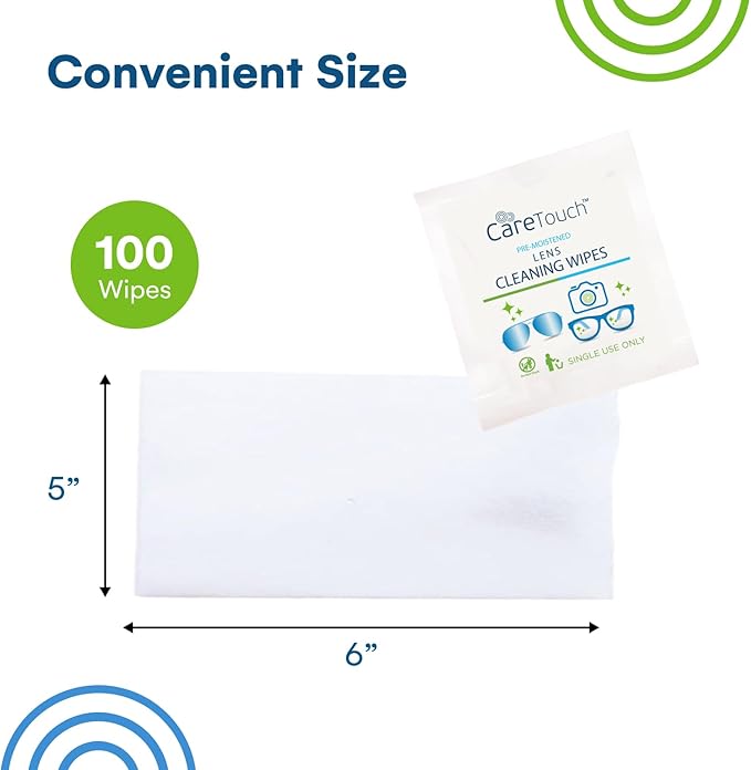 Care Touch Lens Wipes for Eyeglasses- 100 Count Individually Wrapped Pre- Moistened Wipes, 5 x 6 Inch- Camera Lens, Sunglasses and Glasses Cleaner,- Gentle and Portable for Cleaning of Optical Devices