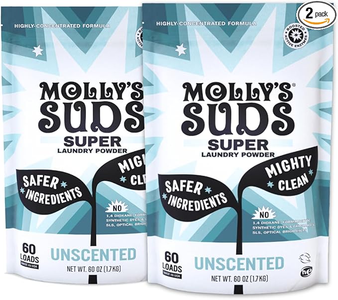 Molly's Suds Unscented Super Powder Detergent | Extra Strength Laundry Soap, Stain Fighting | Sensitive Skin | Simple, Effective Ingredients | 120 Loads Total (2 Pack)