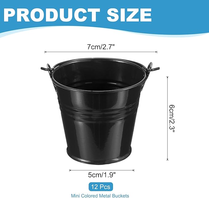 PATIKIL 2.7"x2.3" Small Metal Buckets with Handle, 12 Pcs Mini Galvanized Bucket Colorful Easter Buckets for Crafts Party Favors Decoration, Black