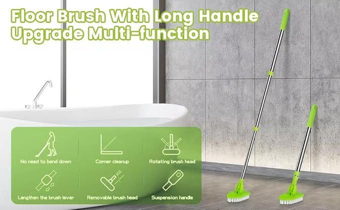 4-in-1 Tile Tub Floor Scrubber with 52-inch Adjustable Long Handle Shower Cleaner Brush with V-Shaped Grout Brush and 3 Replacement Brush Heads for Cleaning Bathroom Kitchen Walls Tub Tile