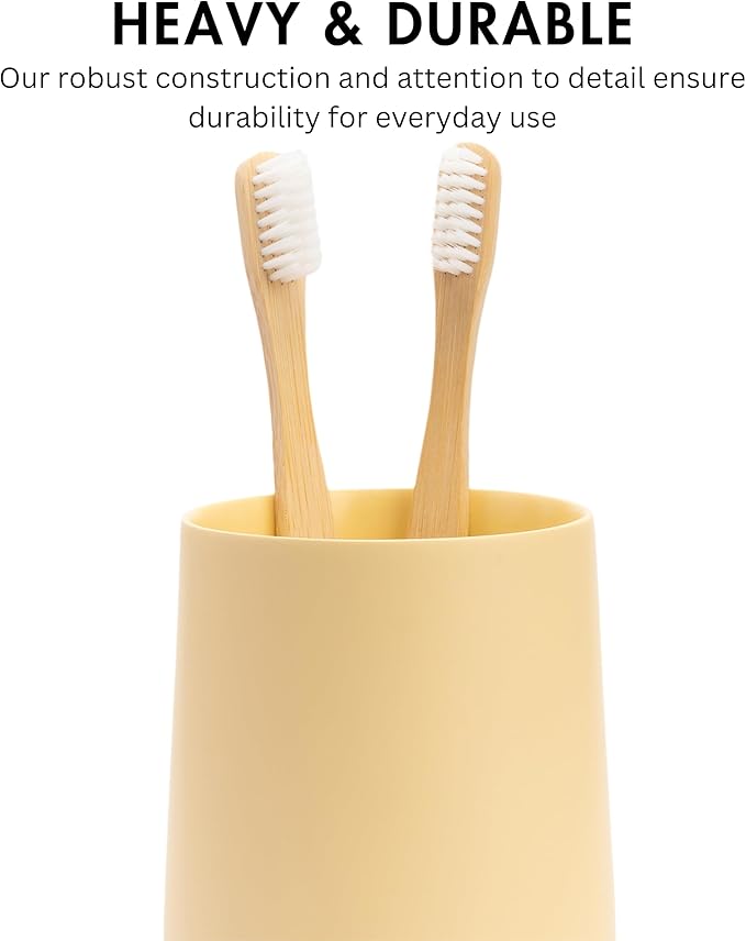 Yew Design Matte Yellow Cream Toothbrush and Toothpaste Holder and Cup for Bathroom Vanity and Countertop, Round Organizer for Electric Toothbrushes, Floss, Razors, Cotton, and Mouthwash